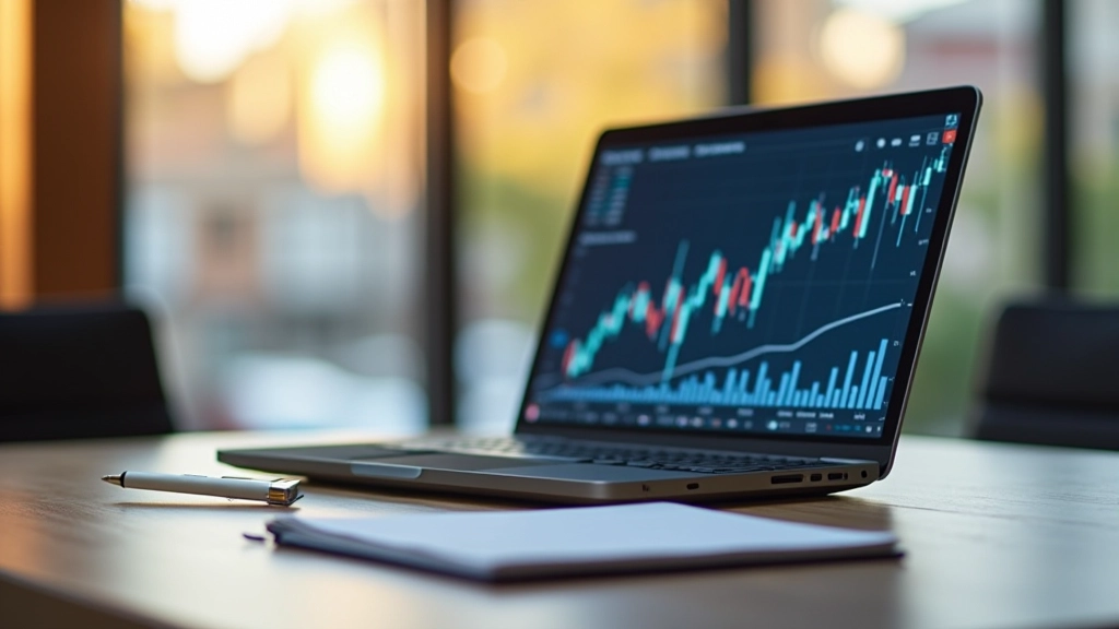 Laptop-Monitor zeigt Finanzdiagramme und Investitionsdaten auf einem modernen Schreibtisch