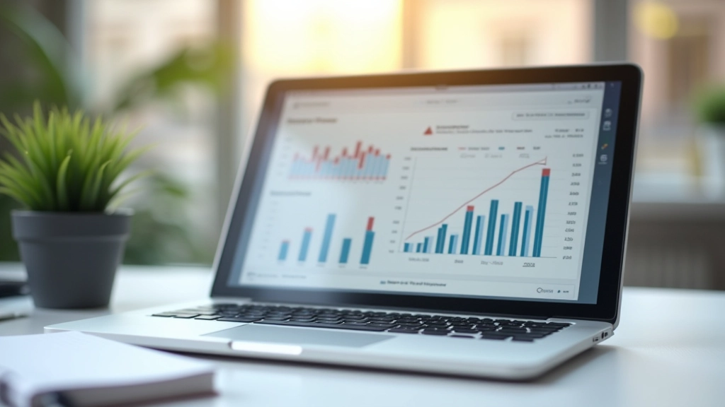 Moderner Arbeitsplatz mit Laptop und Finanzdiagrammen auf dem Bildschirm