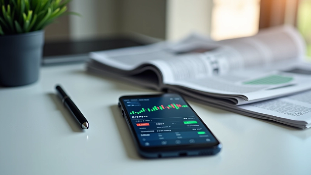 Smartphone mit Broker-App neben traditionellem Geschäftsbericht